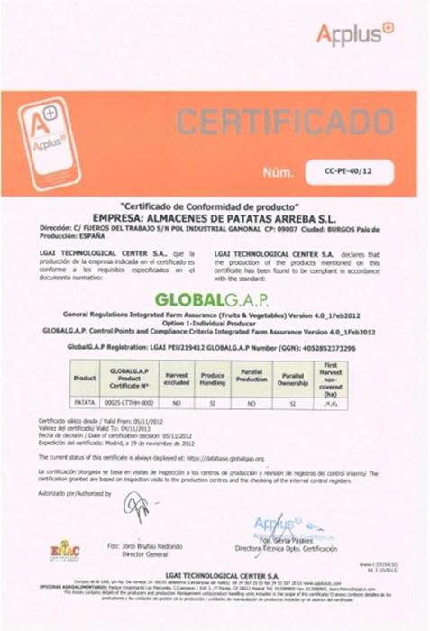 Almacenes de Patatas Arreba, S.L. - Certificado